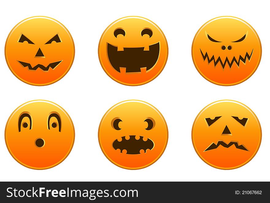 Six yellow Halloween icons with funny faces isolated on white