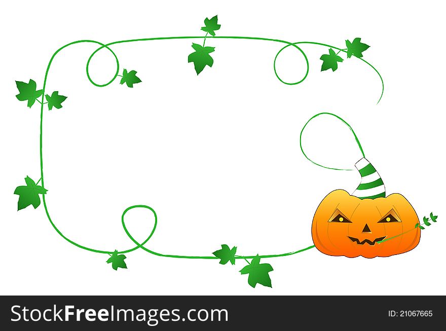 Halloween frame with orange funny pumpkin and green rod