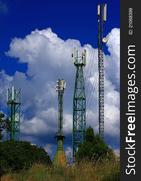 Construction, metal antenna in the sky. Construction, metal antenna in the sky