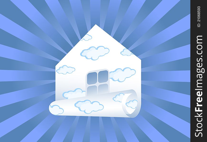 The Vector drawing of house. The Background blue sky rays. The house stylized as Roll of paper. Some clouds in it. The Vector drawing of house. The Background blue sky rays. The house stylized as Roll of paper. Some clouds in it.