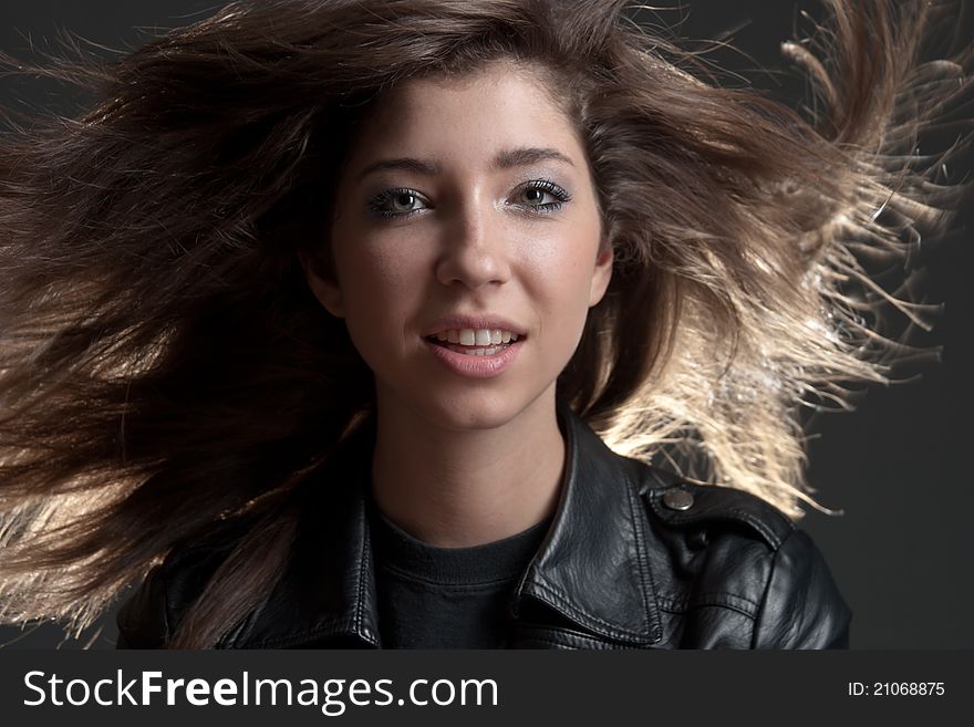 Studio shot of girl with flowing hair