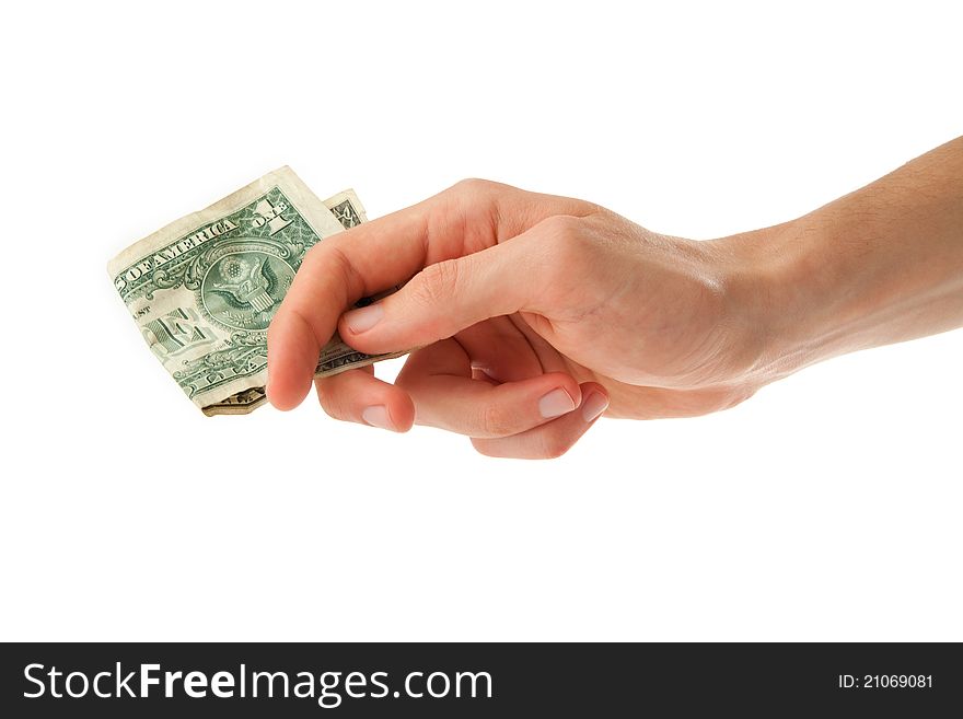 Young man giving a tip on white background