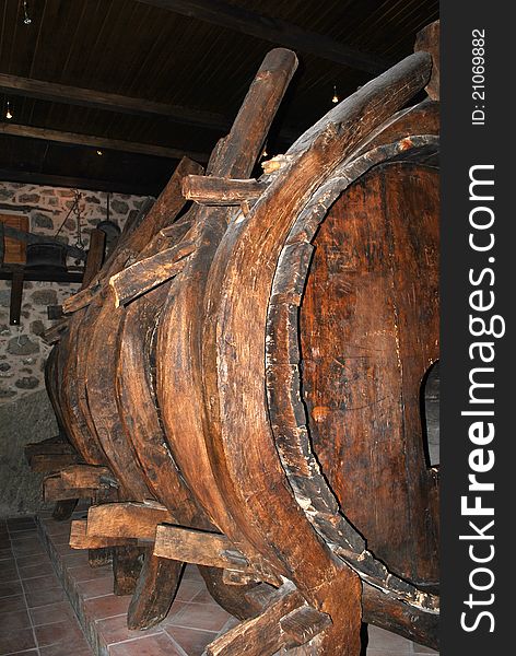 Old wooden barrel of wine in meteora monastery. Old wooden barrel of wine in meteora monastery