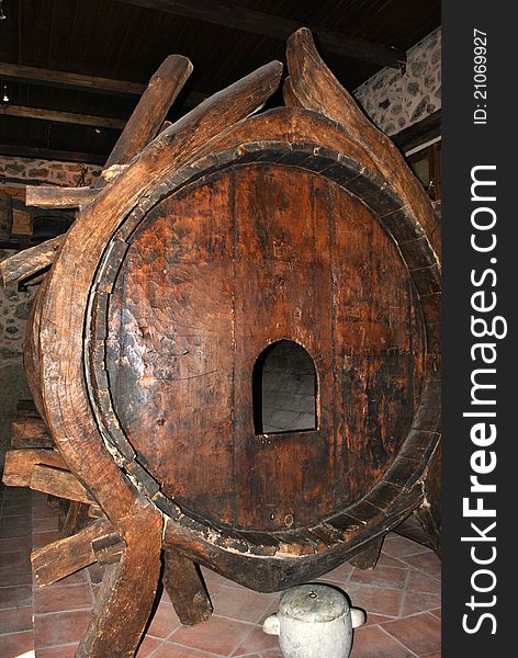 Old wooden barrel of wine in meteora monastery. Old wooden barrel of wine in meteora monastery