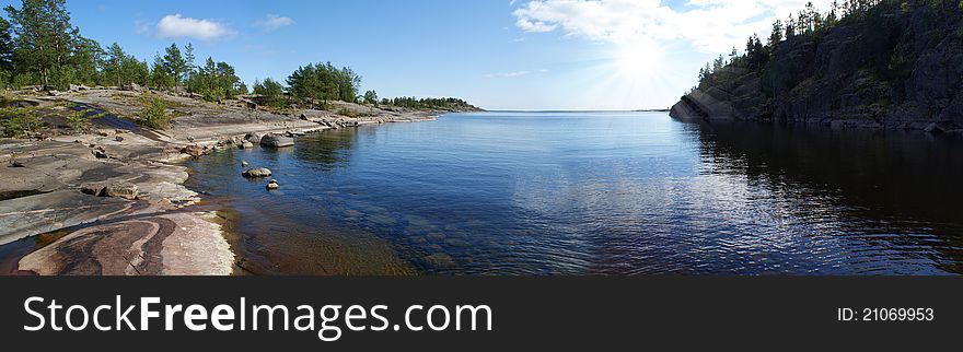 Karelian landscape, view of the lake Ladoga, the Rocks of karelia, a bay on the lake