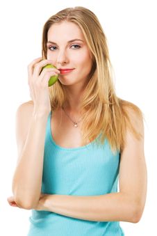 Lovely Girl With Green Apple Stock Photo