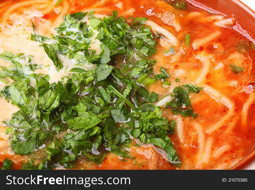 Tomato soup, parsley nature food texture background