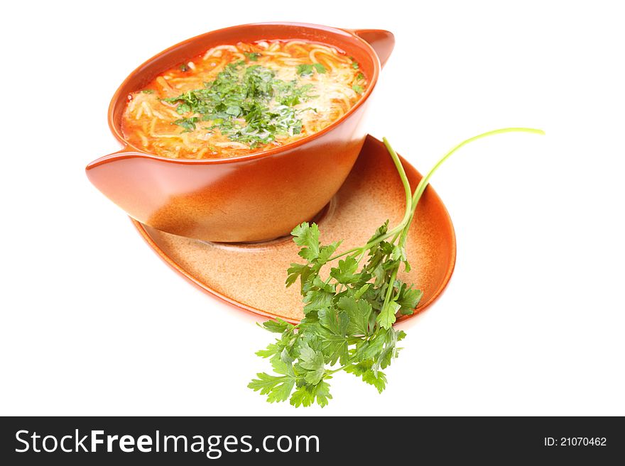 Tomato soup, parsley isolated white background