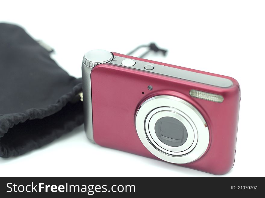 Compact digital camera and bag, On a white background