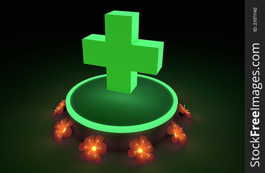 Render of a medical cross with surrounded by red glowing flowers. Render of a medical cross with surrounded by red glowing flowers