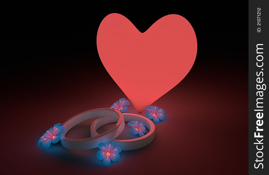 Render of some flower, wedding rings and a heart symbol. Render of some flower, wedding rings and a heart symbol