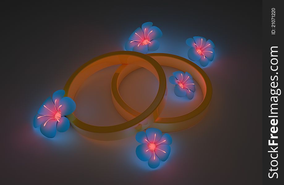Render of some vibrant blue flowers and wedding rings