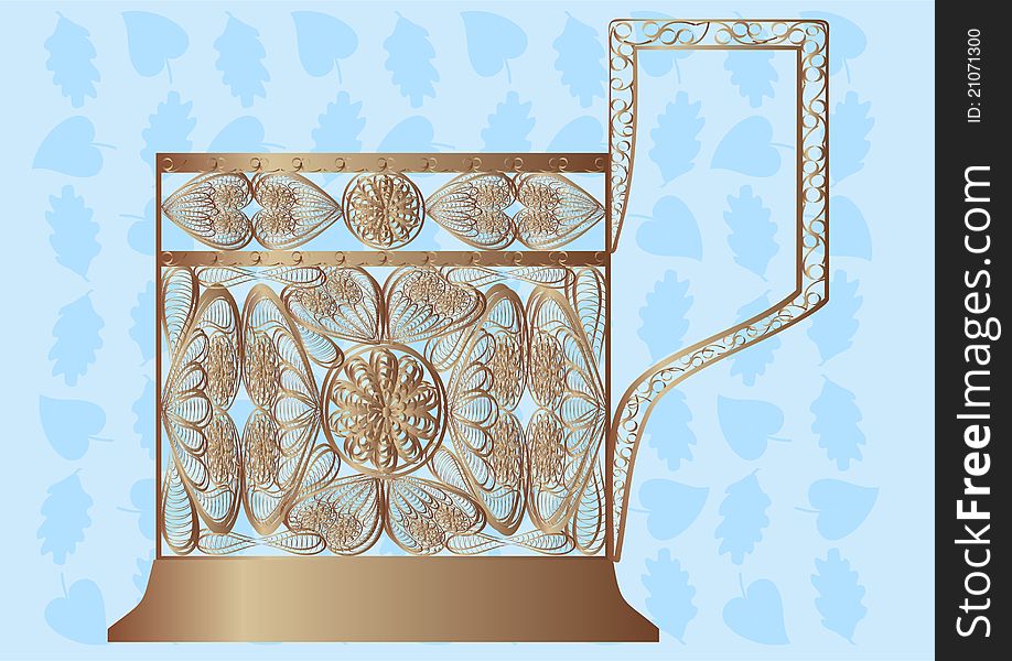 Stand for a glass of hot drink on a blue background with leaves. Stand for a glass of hot drink on a blue background with leaves.