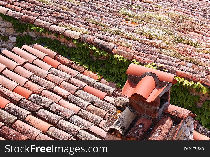 A roof, with a chimney, covered in tiles and plants,. A roof, with a chimney, covered in tiles and plants,
