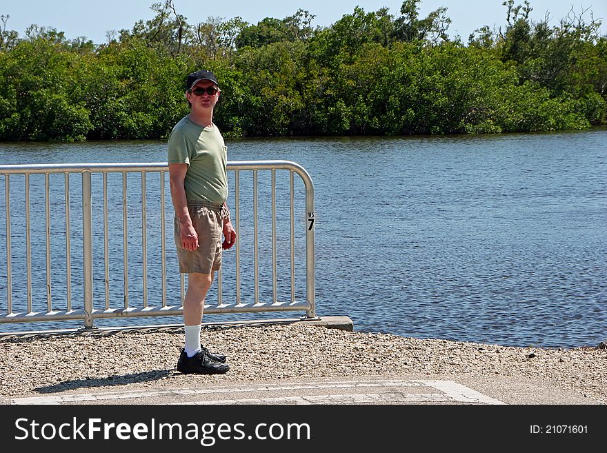 Man Sightseeing Ding Darling Wildlife Refuge Florida. Man Sightseeing Ding Darling Wildlife Refuge Florida
