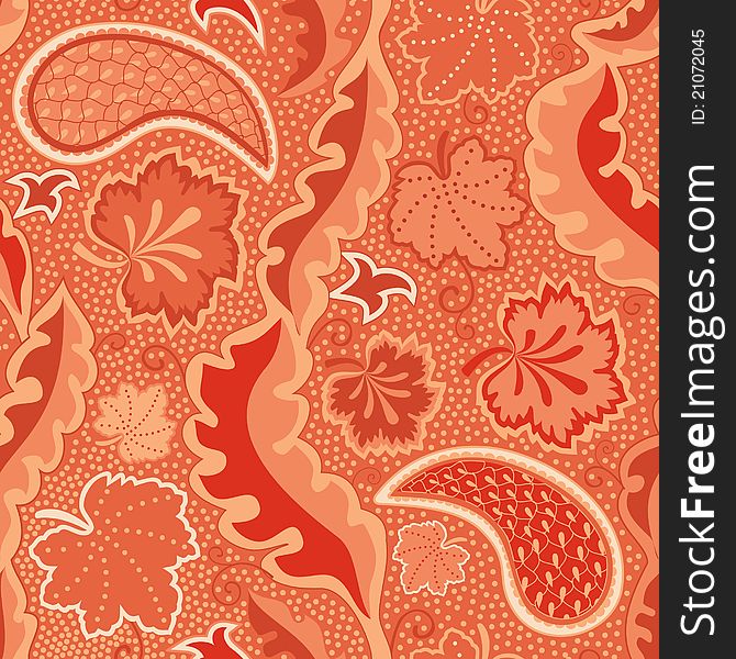 Bright red seamless floral texture leaves and paisley. Bright red seamless floral texture leaves and paisley