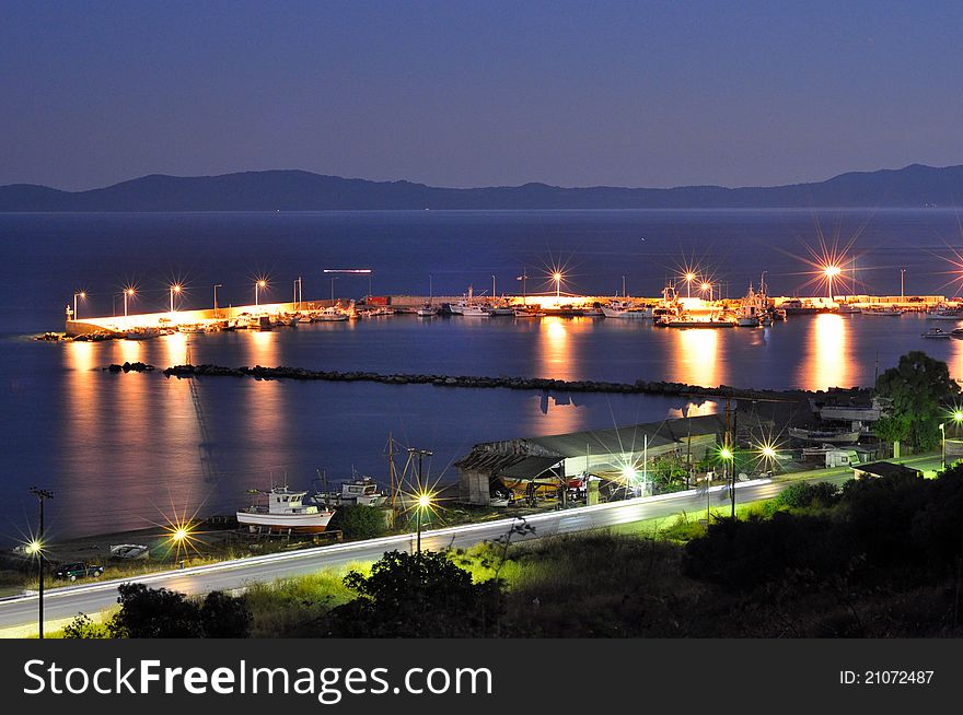 Night scene on the quay in the village Ierissos. Night scene on the quay in the village Ierissos