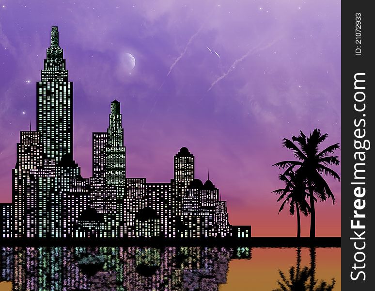 Colorful city skyline silhouette background