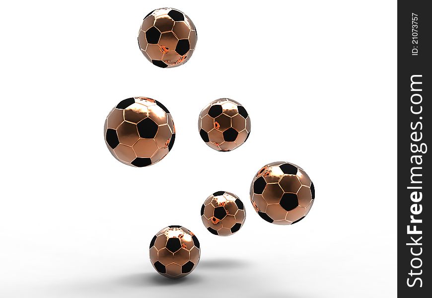 3d illustration of several gold footballs being bounced on a white background