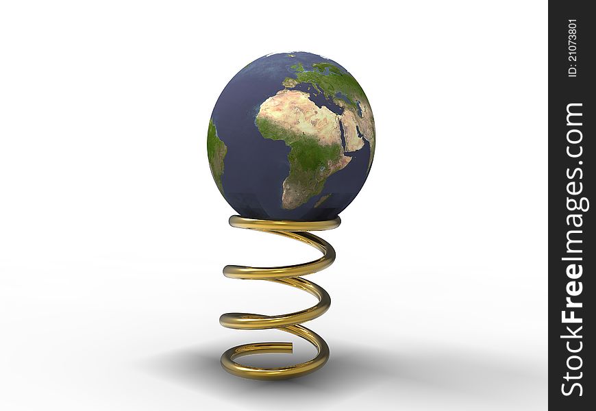 3d illustration of planet earth in the process of bouncing on a spring gold. 3d illustration of planet earth in the process of bouncing on a spring gold