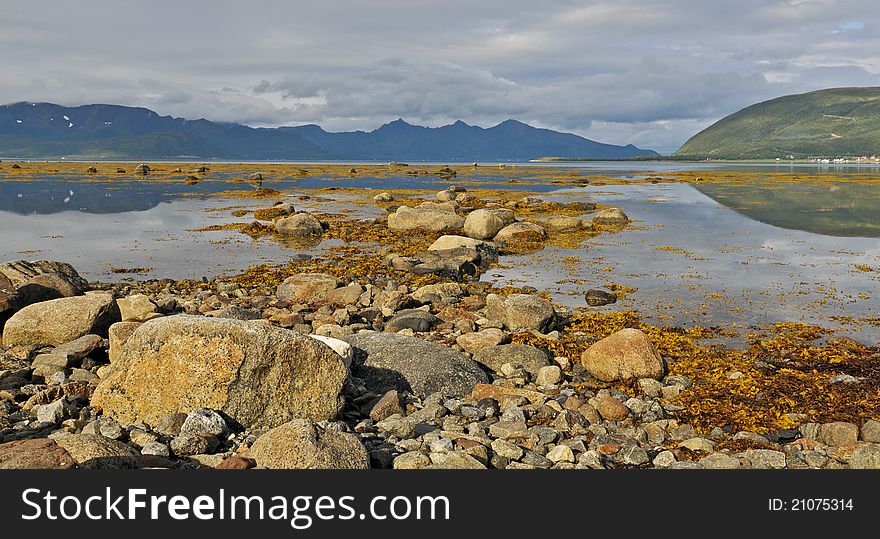 August cloudy morning in north Norway on Lofoten islands. August cloudy morning in north Norway on Lofoten islands