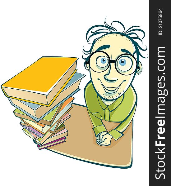 Student with glasses at the table with books