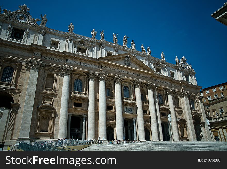 The Facade of the Saint Peter basilica in Vatican City, Rome, Italy. The Facade of the Saint Peter basilica in Vatican City, Rome, Italy