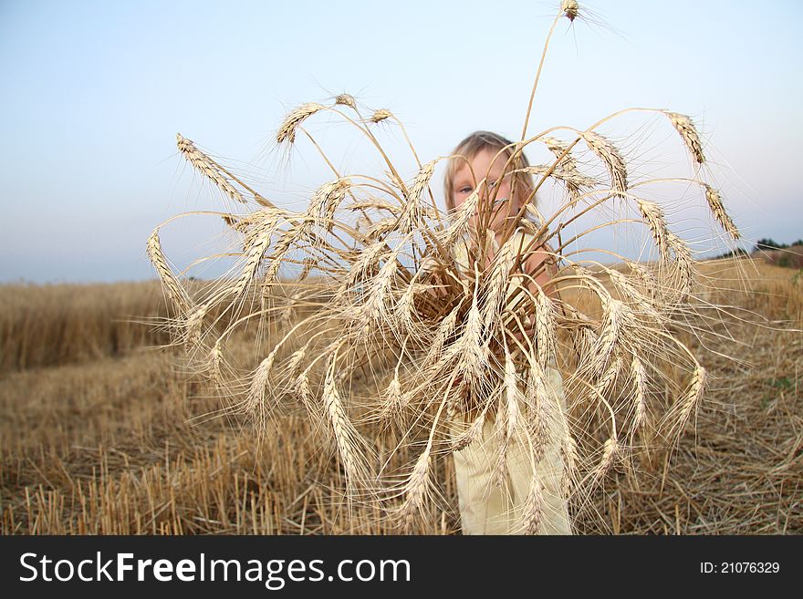 Cute child with bunch of wheat ears. Cute child with bunch of wheat ears