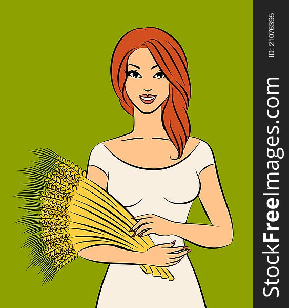 Beautiful girl with sheaf of wheat.