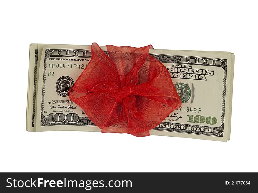 Stack of money wrapped in red bow , Isolated on white background.top view. Stack of money wrapped in red bow , Isolated on white background.top view