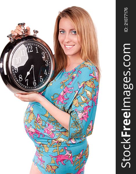 Portrait of happy beautiful pregnant woman with clock. isolated on white. Portrait of happy beautiful pregnant woman with clock. isolated on white