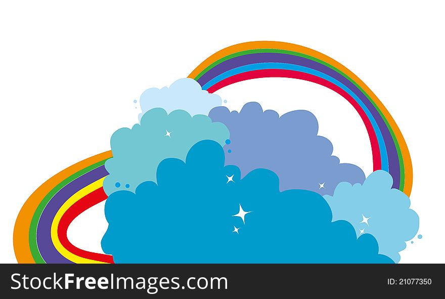 Illustration of clouds and rainbow.