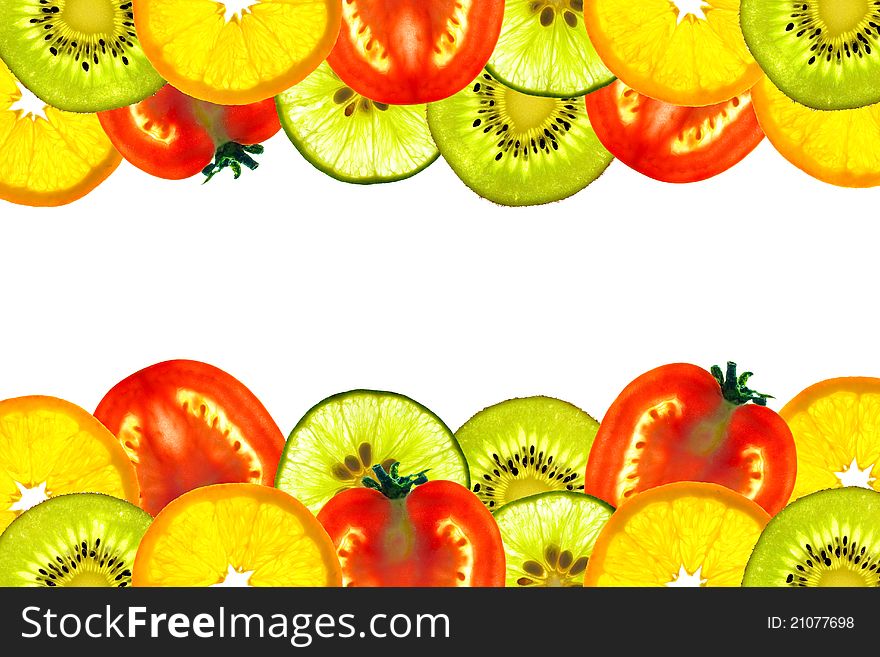 Background of beautiful mix sliced fruit, Kiwi, Orange, Tomato and Lime