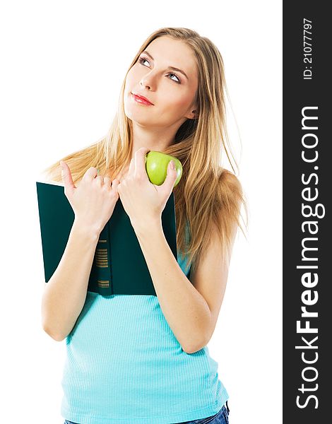 Lovely girl with book and apple, white background