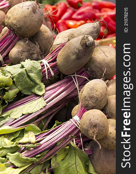 Close up on some beets on the street market's table.