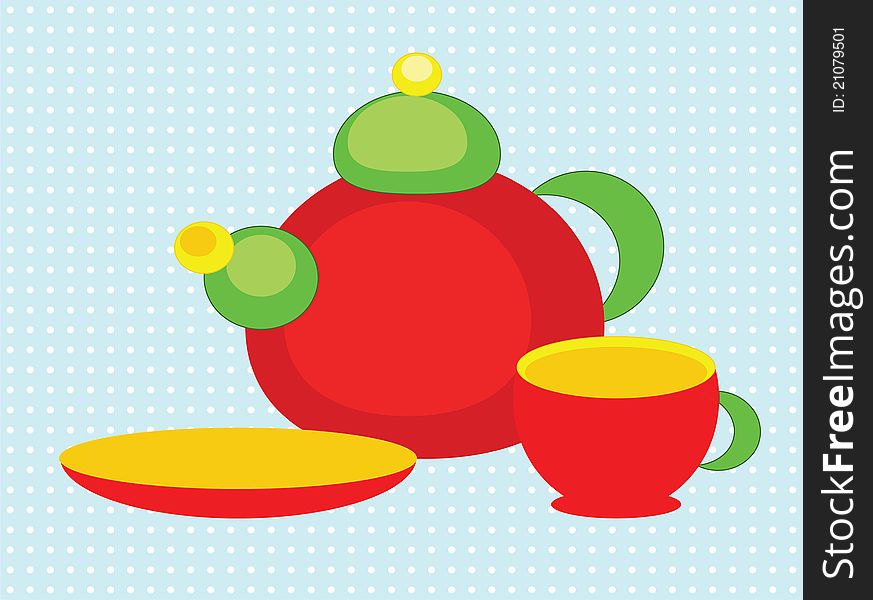 Tea set of the red ,green .yellow colors.