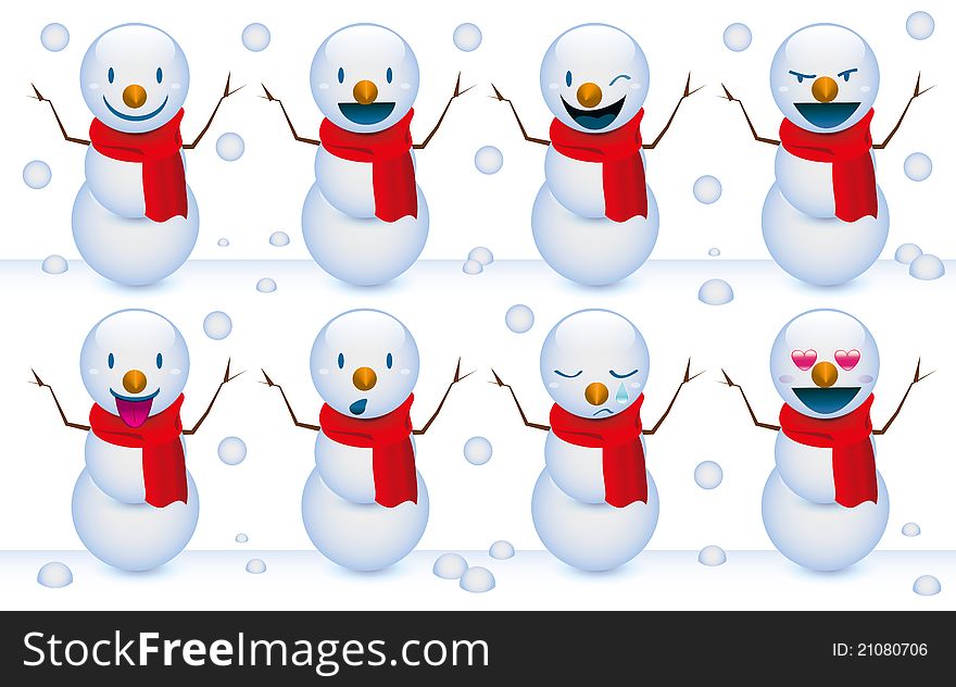 Eight christmas snowmen with funny faces. Eight christmas snowmen with funny faces