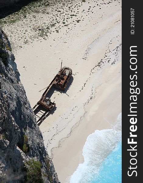 The smugglers cove on Zakynthos with the famous shipwreck. The most famous shipwreck in Europe annually attracts tourists to the Greek island of Zakynthos.