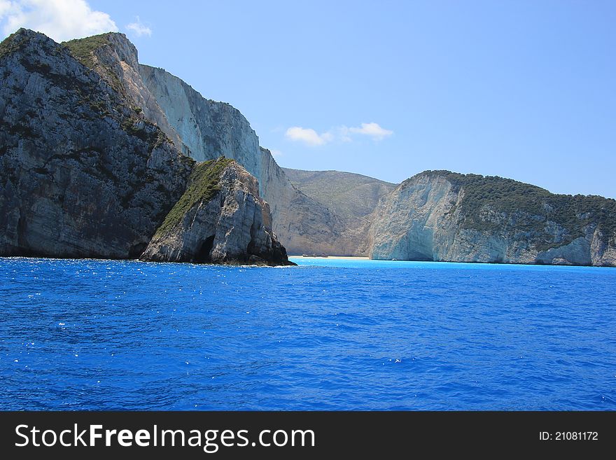 The smugglers bay with the ship wreck on the Greek island of Zakynthos. A drunken captain steered the ship into a sandbar. The cigarettes and alcohol disappeared without trace. A popular destination on Zakynhtos.