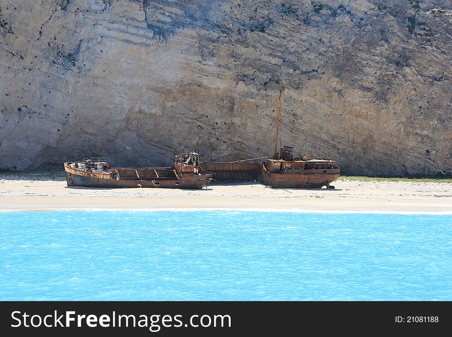 The smugglers bay with the ship wreck on the Greek island of Zakynthos. A drunken captain steered the ship into a sandbar. The cigarettes and alcohol disappeared without trace. A popular destination on Zakynhtos.