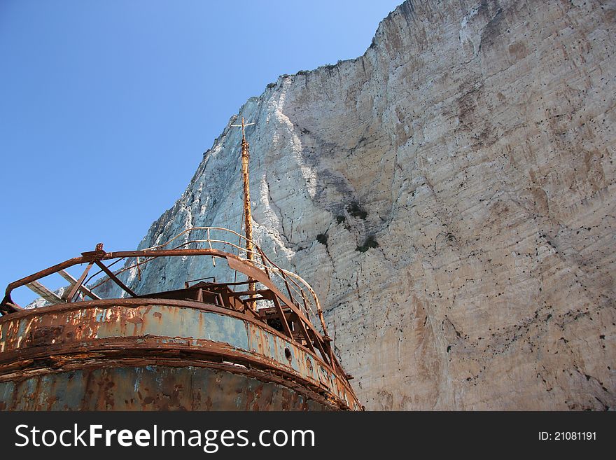 The smugglers bay with the ship wreck on the Greek island of Zakynthos. A drunken captain steered the ship into a sandbar. The cigarettes and alcohol disappeared without trace. A popular destination on Zakynhtos.