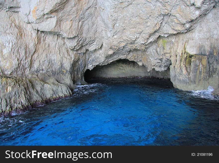 The blue caves of Zakynthos is a popular tourist destination. In the caves, the water is reflected in various blue tones.