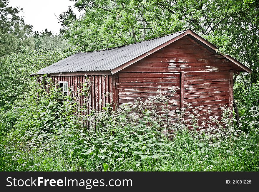 Old red garage overgrown with weeds