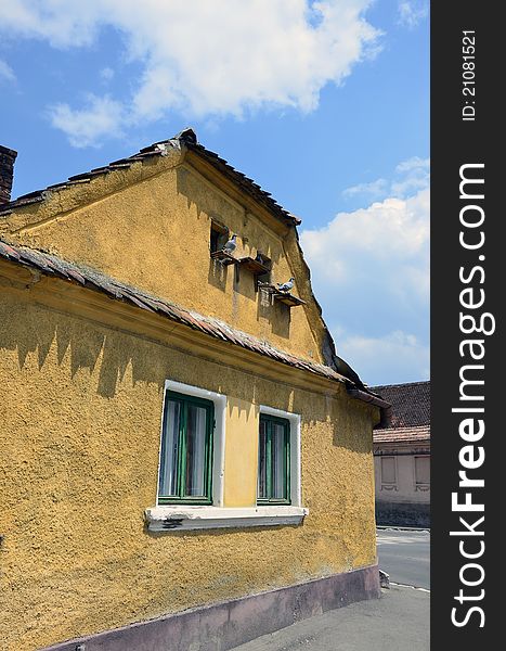 Pigeons on yellow house in Transylvania land of Romania