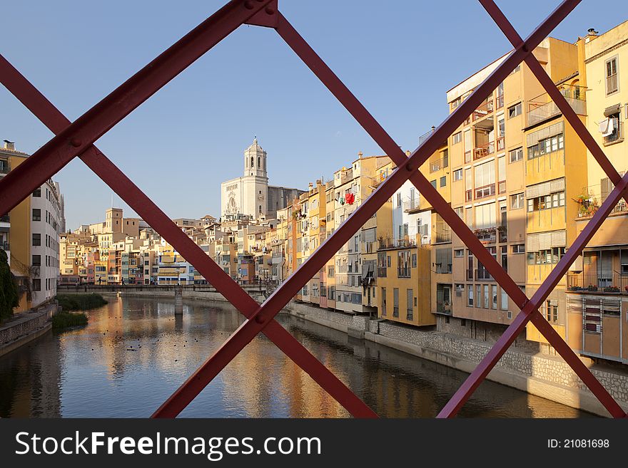 A typical view of Girona Cathedral from the great Eiffel Bridge. A typical view of Girona Cathedral from the great Eiffel Bridge.