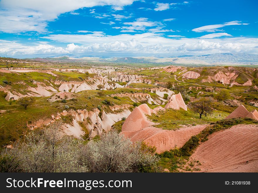 Panoramic spring landscape at Fairy Chimneys of Cappadocia, Turkey. Panoramic spring landscape at Fairy Chimneys of Cappadocia, Turkey.