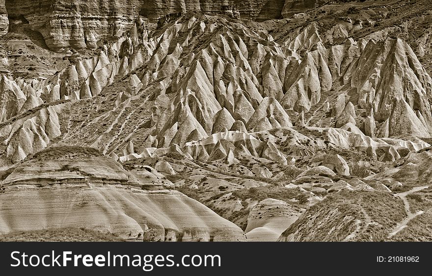 Detail of the beautiful landscape at Capadochia, Goreme National Historical Park, in Turkey.