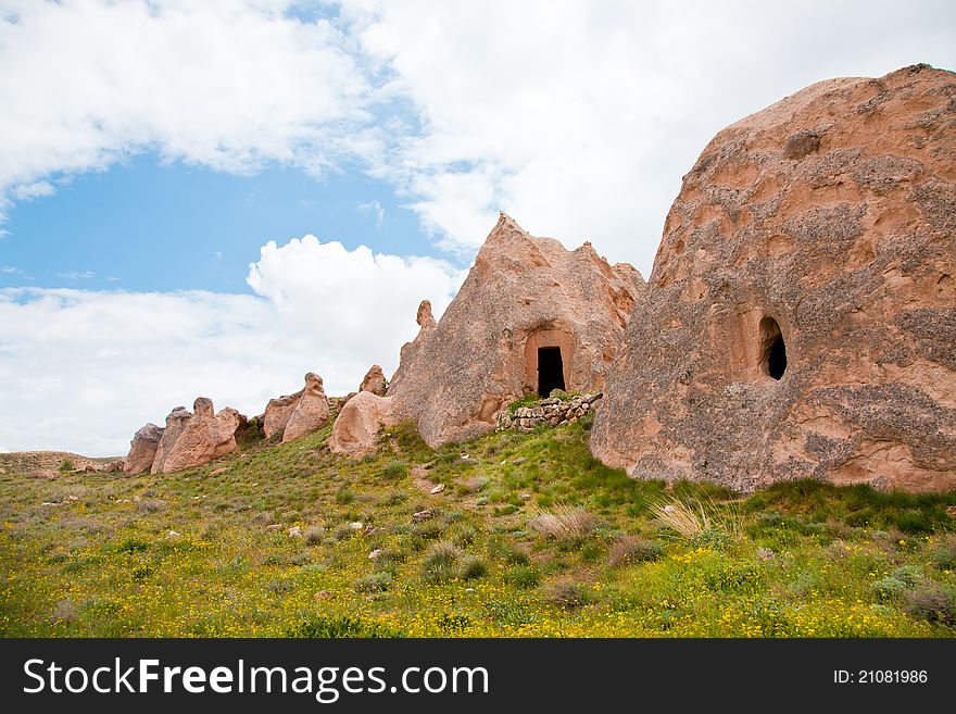 Row of houses in Capadochia, Goreme National Historical Park, in Turkey.