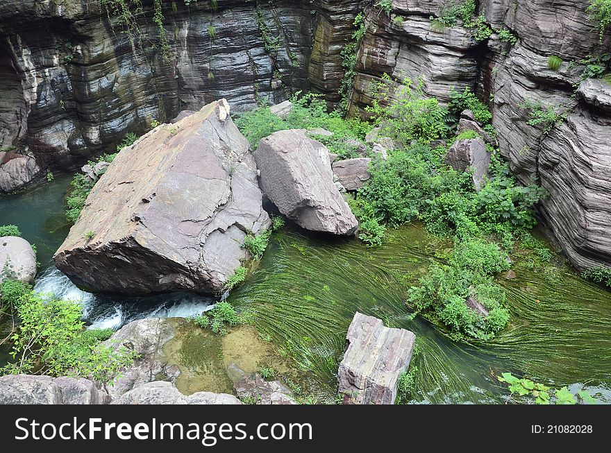 Huge stone on a mountain river covered by vegetation. Huge stone on a mountain river covered by vegetation