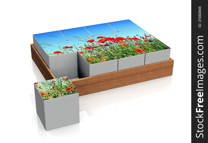 Many cubes with red poppies. Many cubes with red poppies